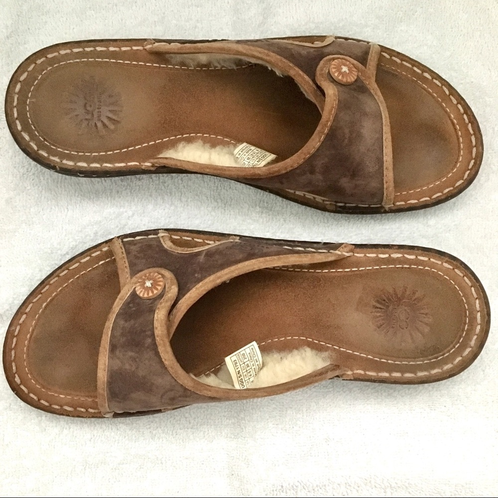 Ugg Brown Leather Sandals Slides Sherpa Lined 8